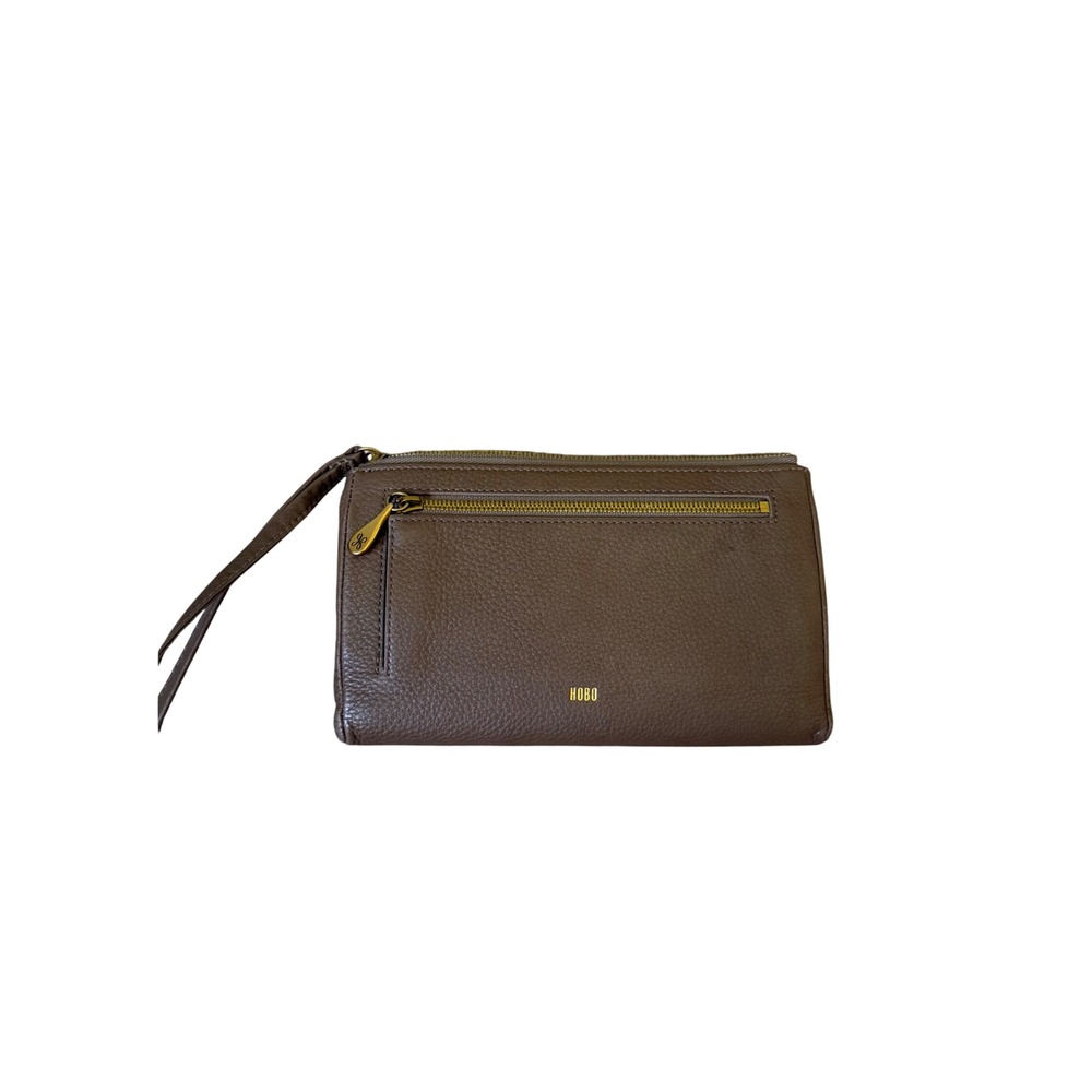 Hobo Wristlet Wallet Leather Whipstitch Brown Small